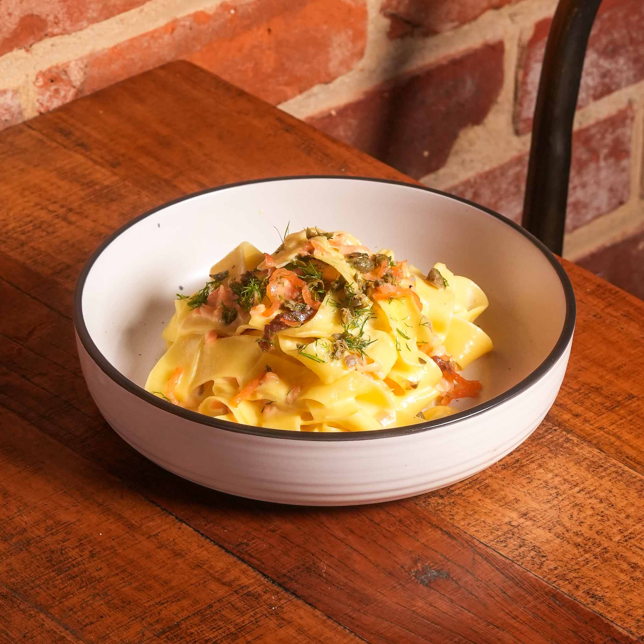 Smoked Salmon Carbonara | Creamy Carbonara Tossed With Smoked Salmon, Fresh Dill And Capers | $32.80