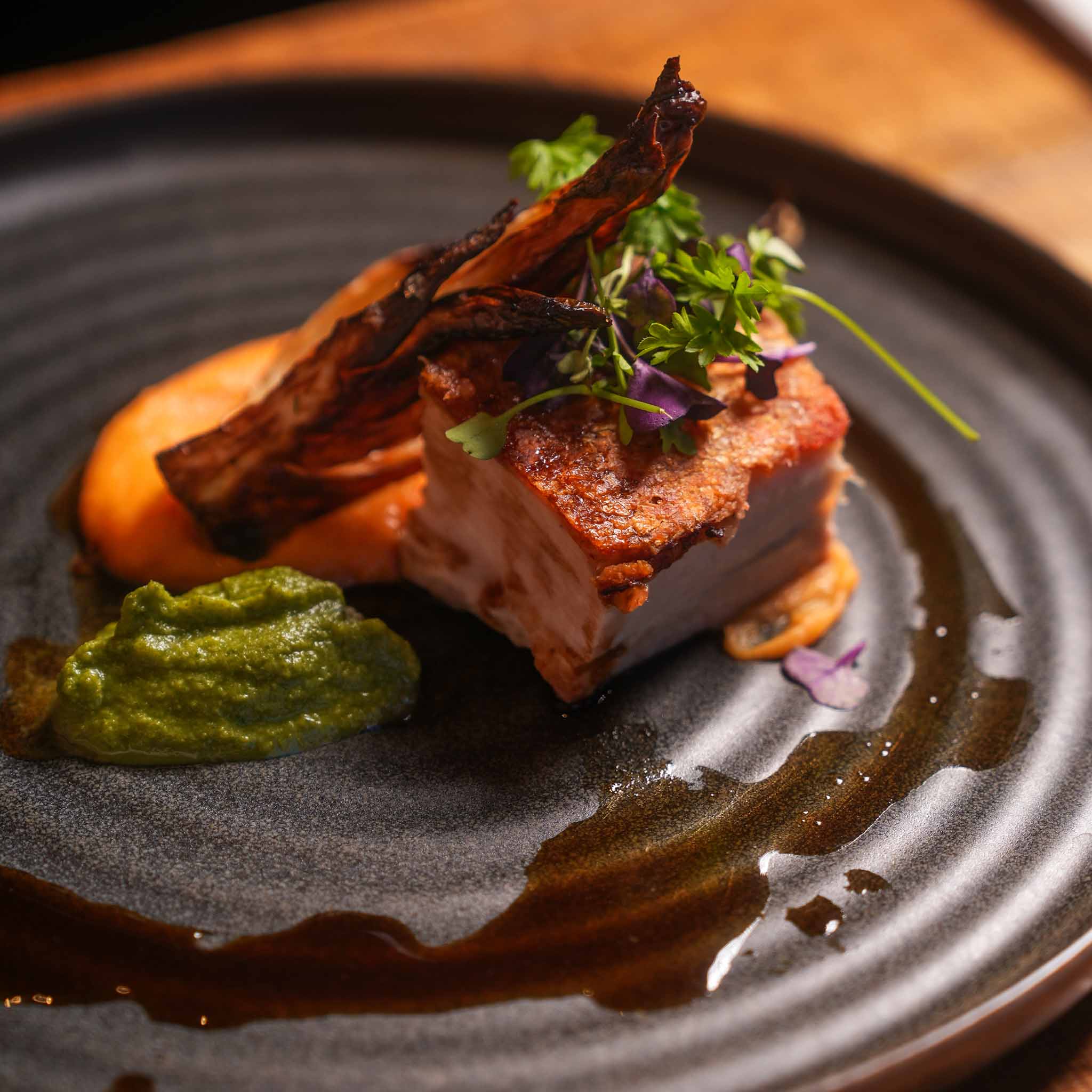 Twice-Cooked Pork Belly | Tender Twice-Cooked Pork Belly Served With Sweet Potato Purée, Roasted Fennel And Apple | $19.8